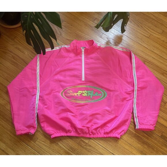 Vintage 90s XL Surf Style Unisex Neon Pink Pullover Windbreaker Jacket USA - Picture 1 of 11